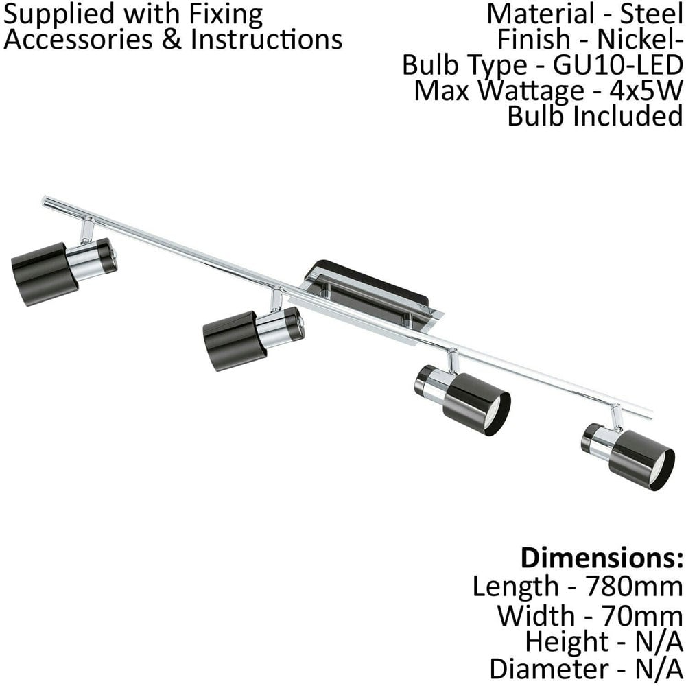 Flush Ceiling 4 Spot Lights Track Back Plate & Shade Nickel Black Bulb GU10 4x5W Loops