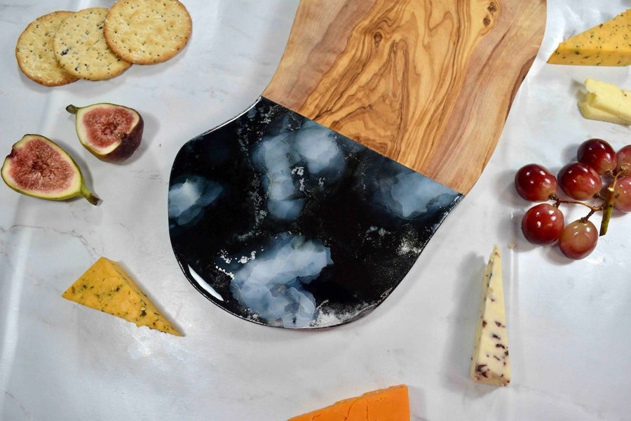 Olive Wood Board with Black Silver Resin Art - Unusual Birthday Gift Ideas - Foodie Present