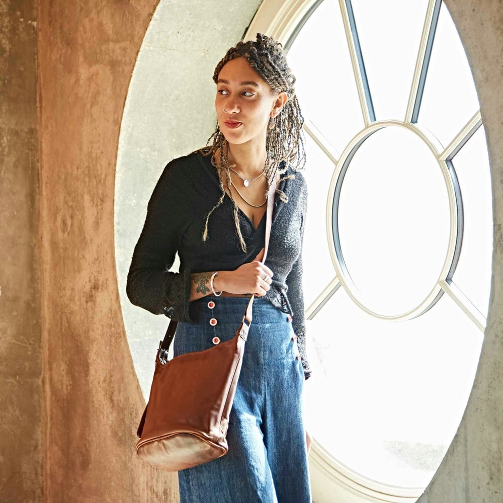 Paper High Brown Leather Crossbody Bucket Bag