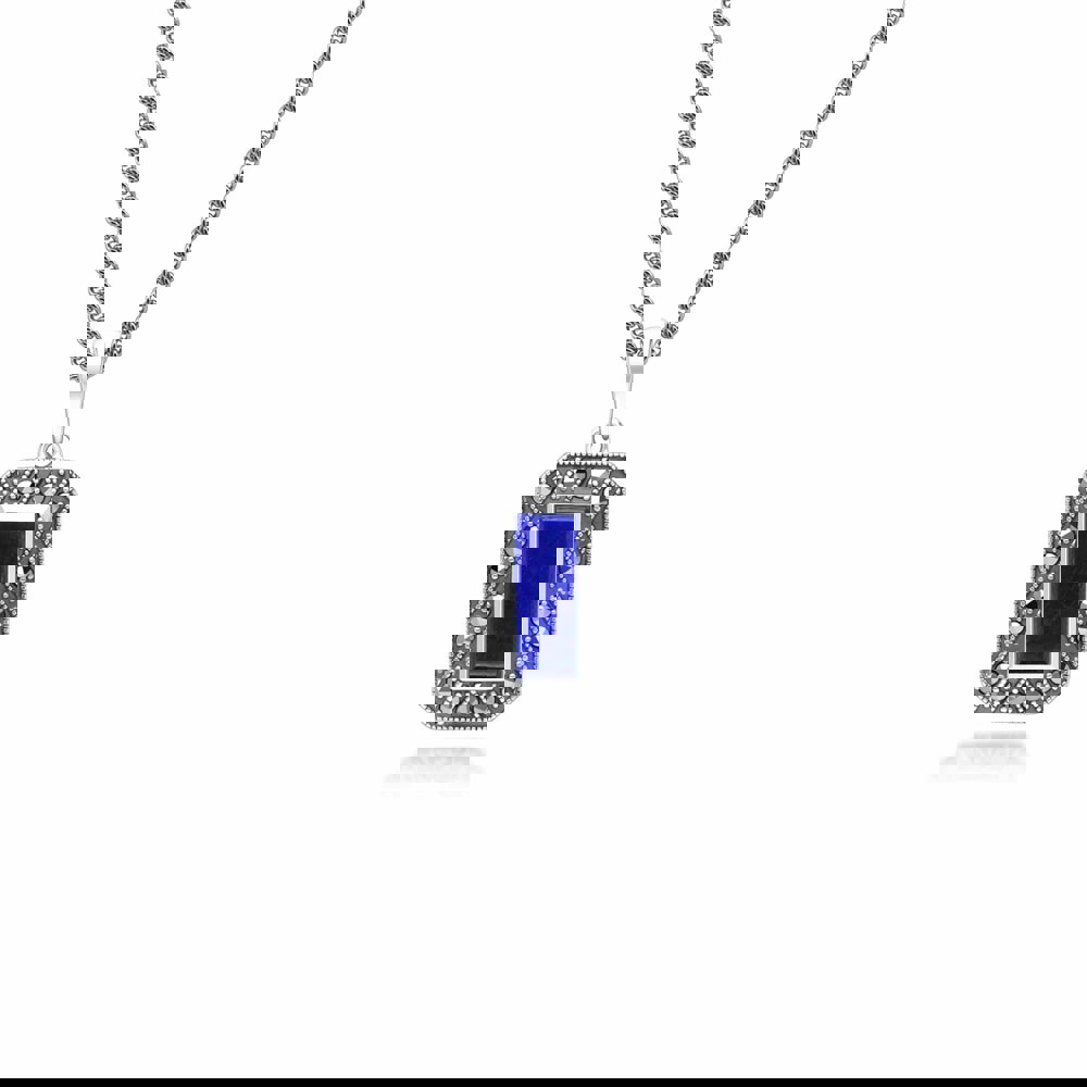Art Deco Style Rectangle Lapis Lazuli and Marcasite Pendant Necklace in Sterling Silver 214P334003925 _ front