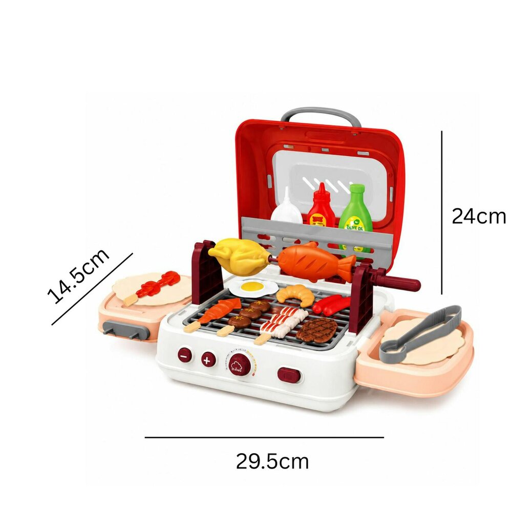 deAO Toys Kids BBQ Grill Playset – 28PCS Pretend Cooking Set with Lights, Sound & Safe Smoke Effect  Ages 3+, Red