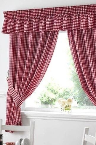 Alan Symonds Gingham Red Checkered Taped Curtains With Tie Backs