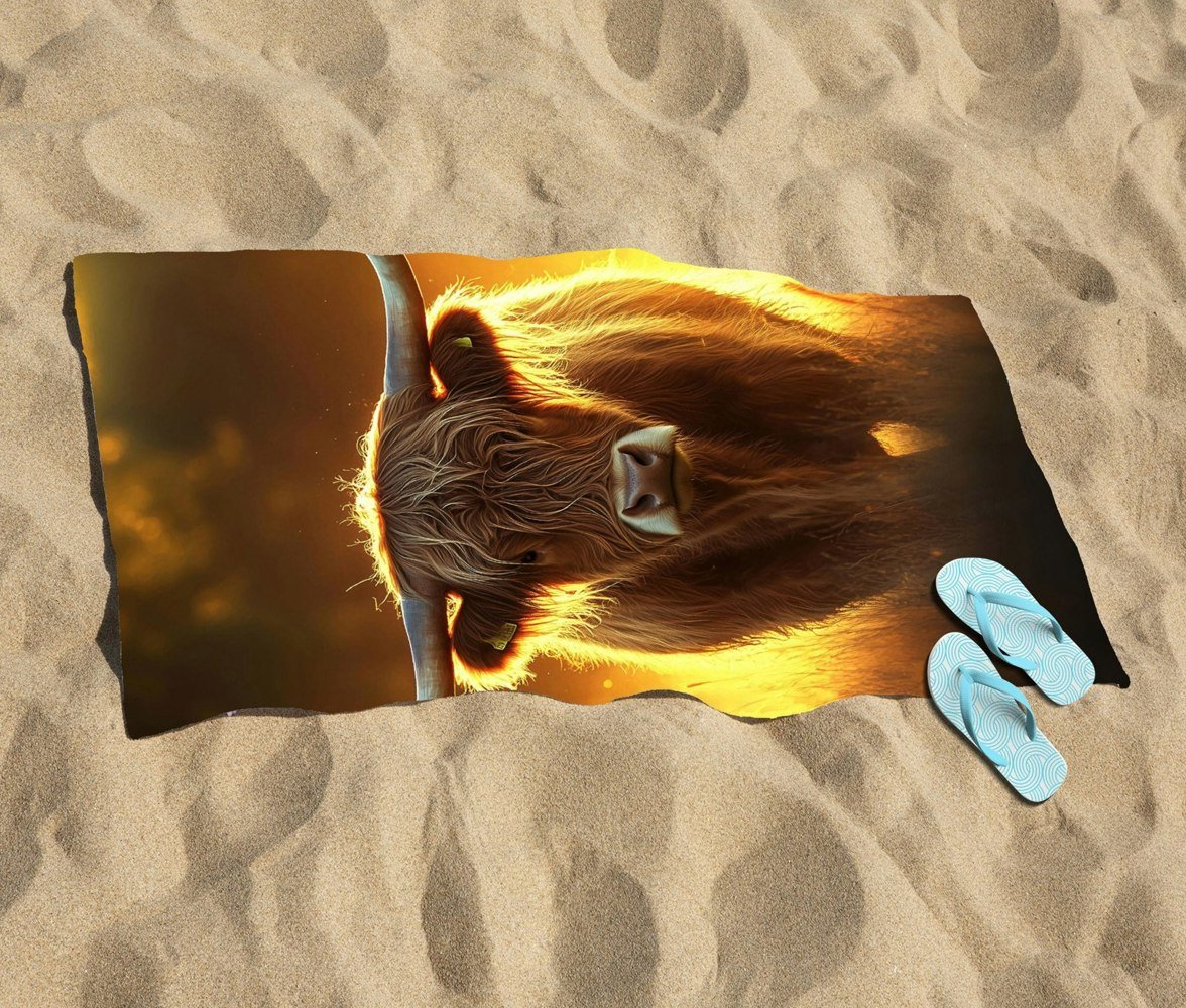 Warren Reed Highland Cow Sunset Beach Towel