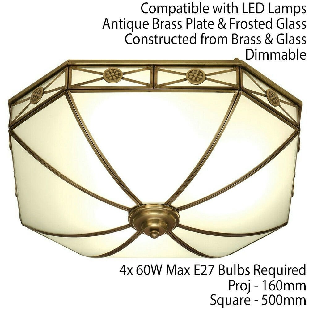 Luxury Flush Ceiling Light Antique Brass & Frosted Glass Traditional Pattern Loops