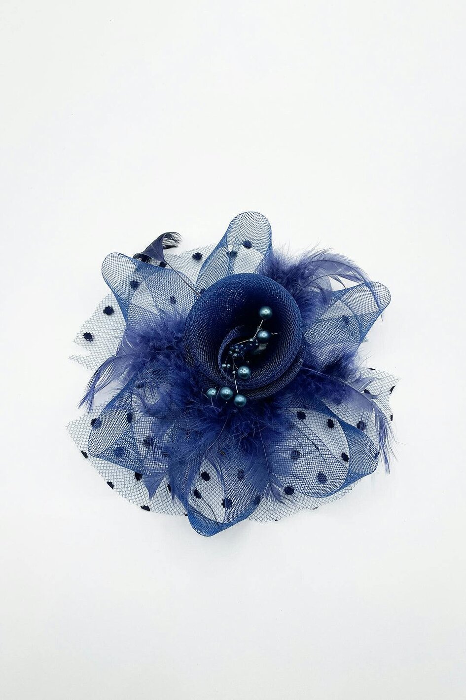 SVNX Rosette Faux Pearl & Polka Veil Feather Fascinator in Navy