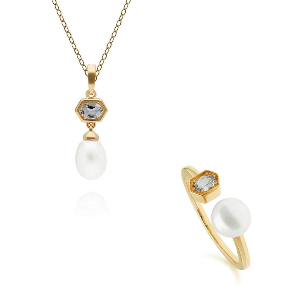 270P030209925-270R058710925 Modern Pearl & Topaz Pendant & Ring Set in Gold Plated Silver 1