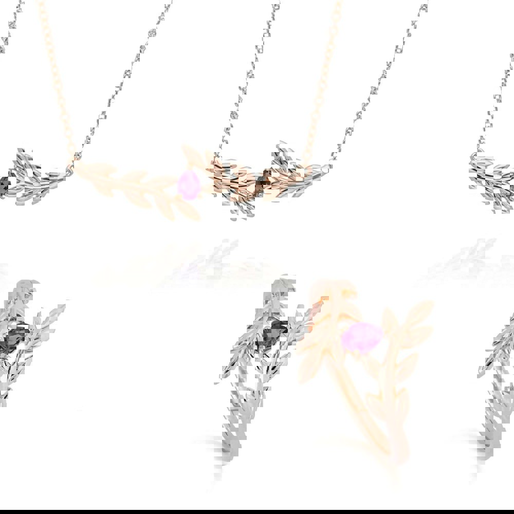 135N0364019-135R1862019 O Leaf Amethyst Necklace & Ring Set in 9ct Rose Gold 1