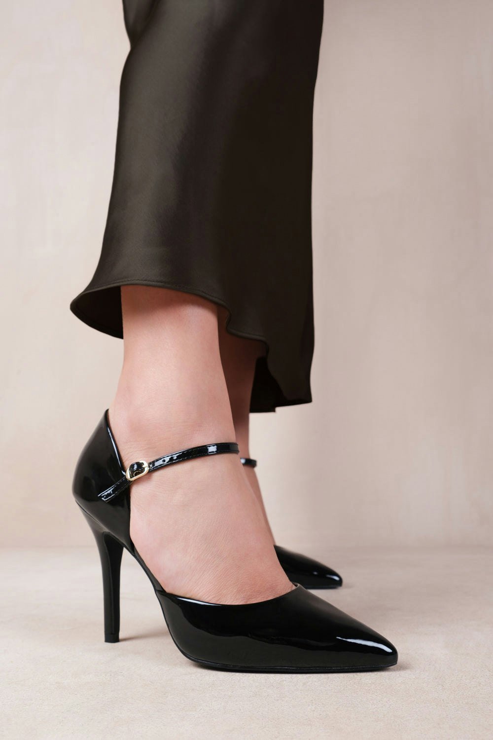 Where's That From Reflex Mid High Heels With Pointed Toe in Black Patent
