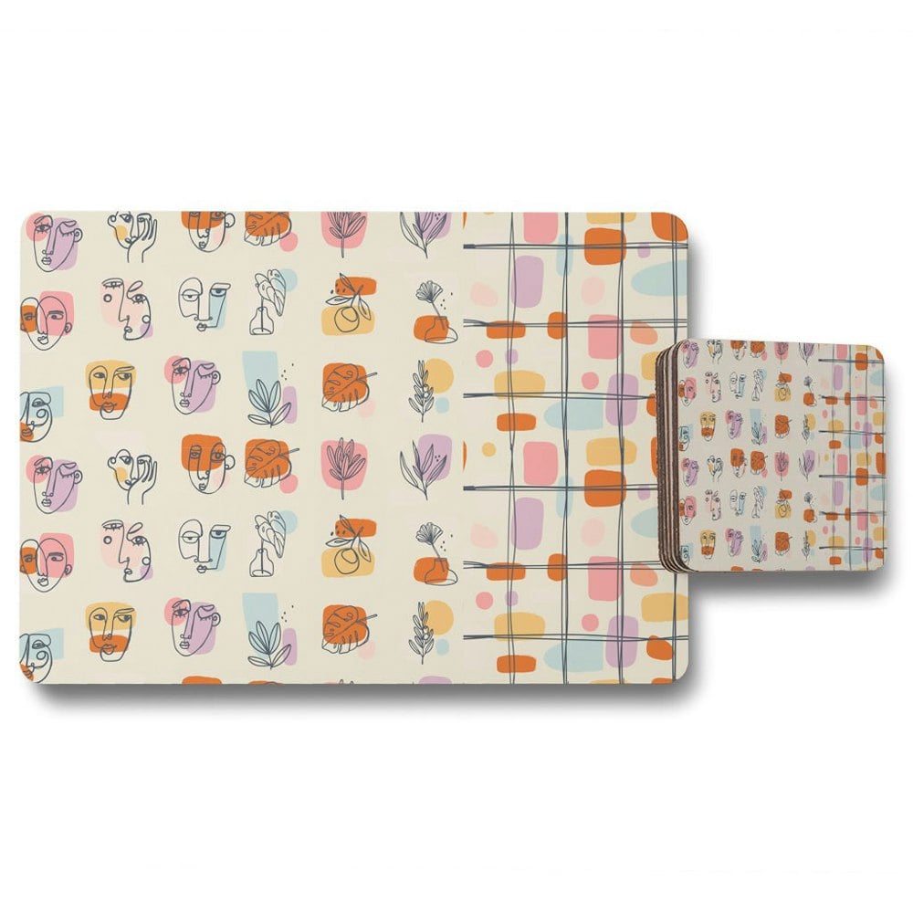 Benjamin Tate Design Various Faces, Leaves and Flowers, Abstract shapes (Placemat & Coaster Set)