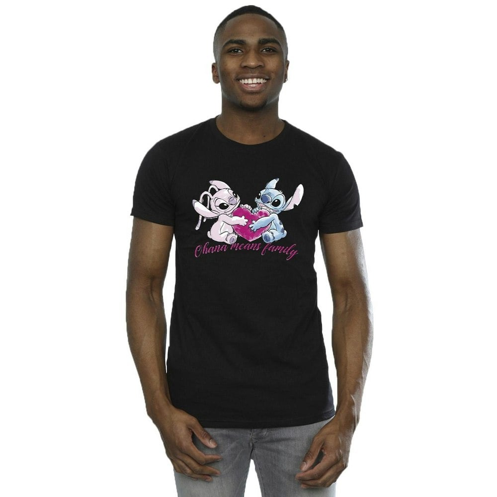 Disney Mens Lilo And Stitch Ohana Heart With Angel T-Shirt - Black