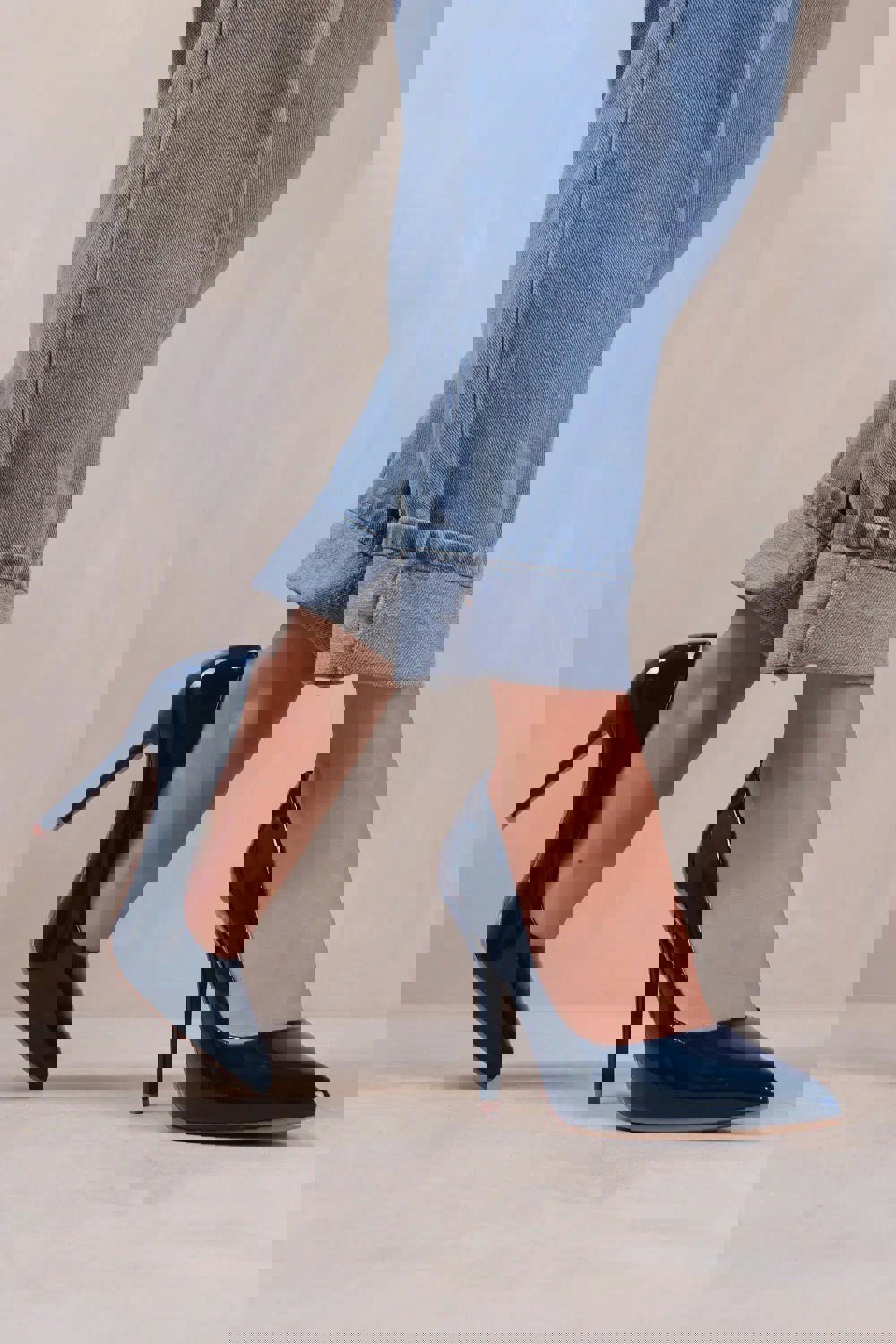 Where's That From Kyra Wide Fit High Heel Stiletto Pumps in Navy Patent Faux Leather