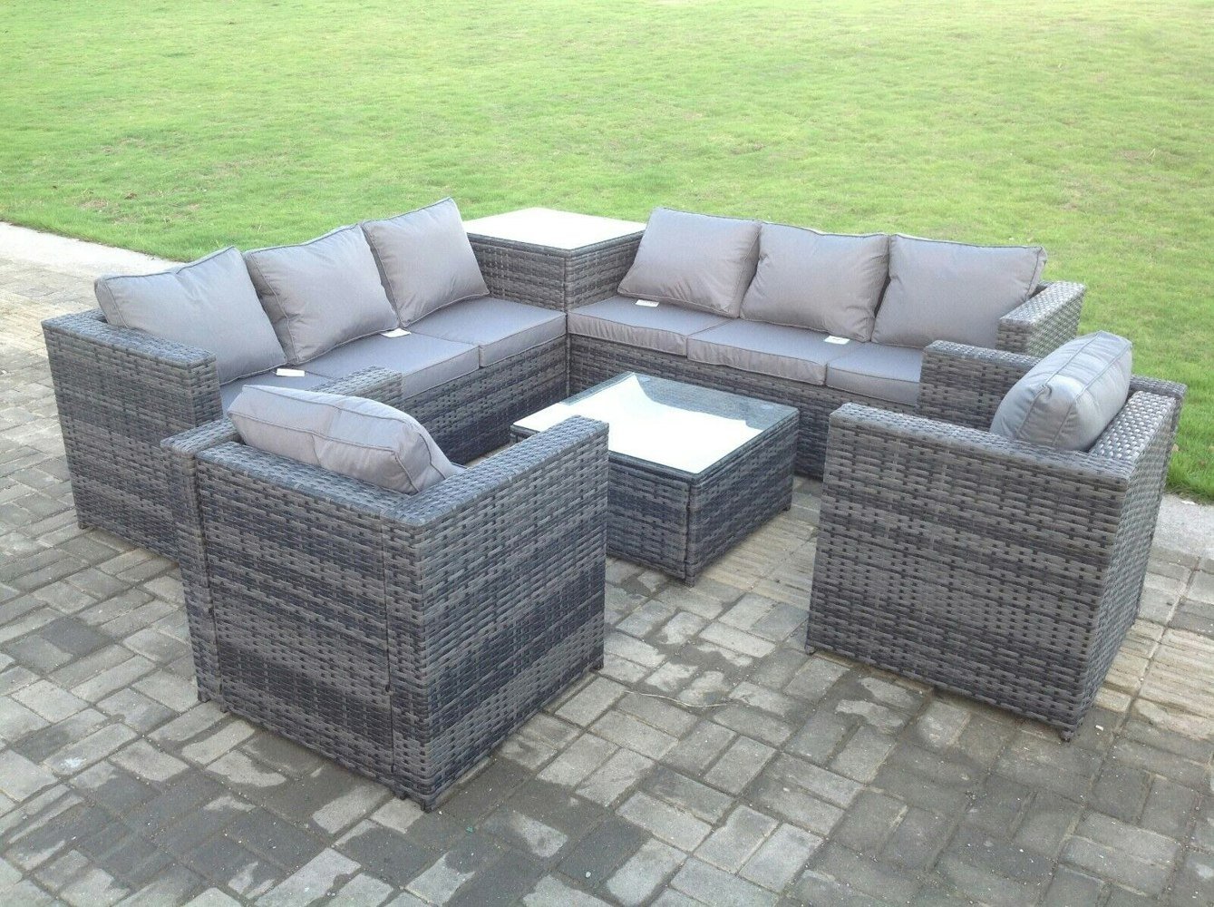 Fimous Dark Mixed Grey Outdoor Rattan Garden Furniture Set Corner Sofa 2 Tables With 2 Chairs
