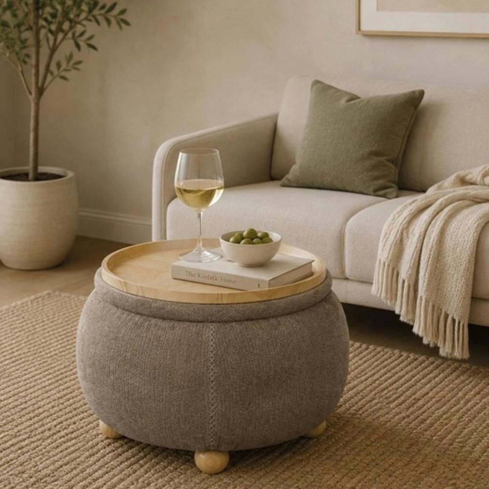 Garden Greatness Round Chenille Storage Ottoman with Tray Top