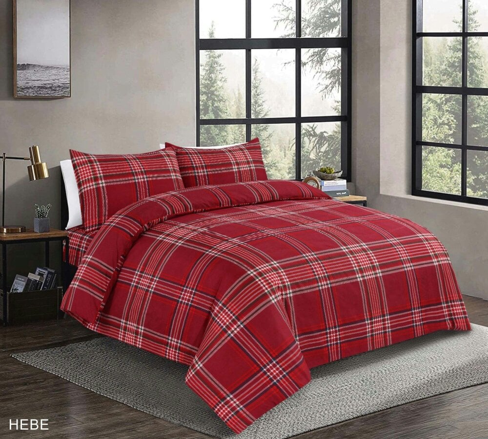 Night Zone Hebe Tartan Check Microfibre Duvet Cover Set – Soft Easy Care Bedding - Red