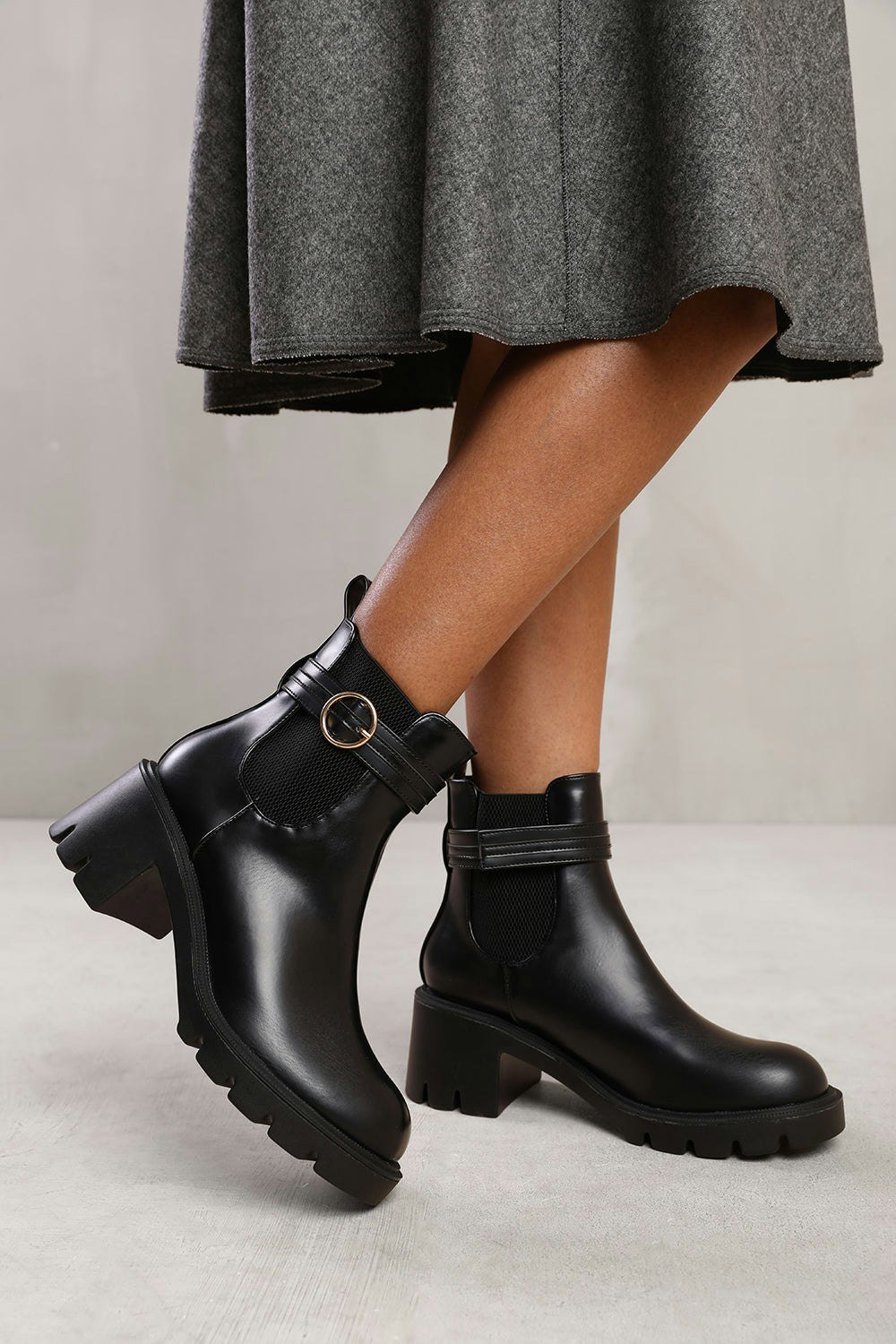 Where's That From Lyric Ankle Boot With Chunky Sole and Buckle Detail in Black Faux Leather