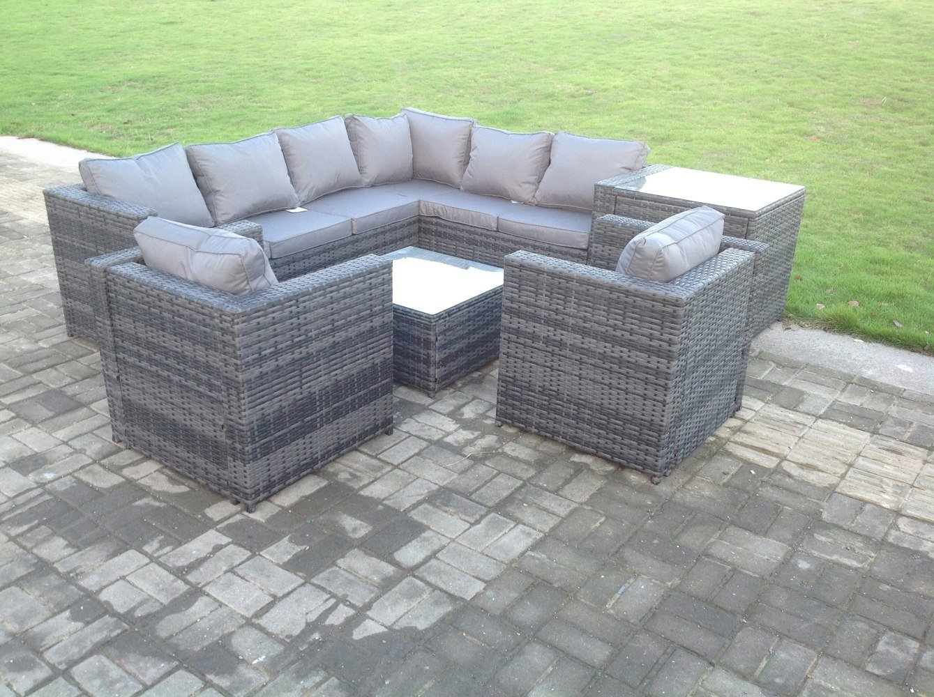 Fimous Rattan Corner Sofa Set Garden Furniture With 2 Chairs Coffee Table And Side Table