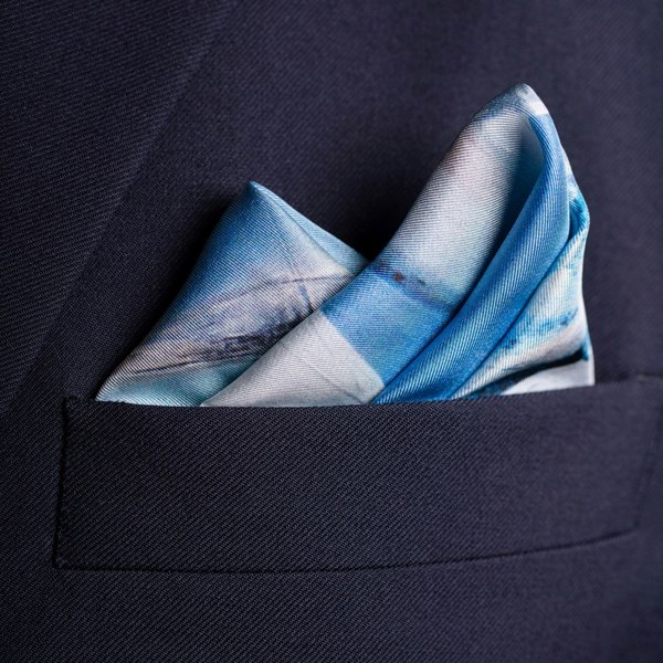 Sailing silk pocket square in blue by Otway & Orford folded 2