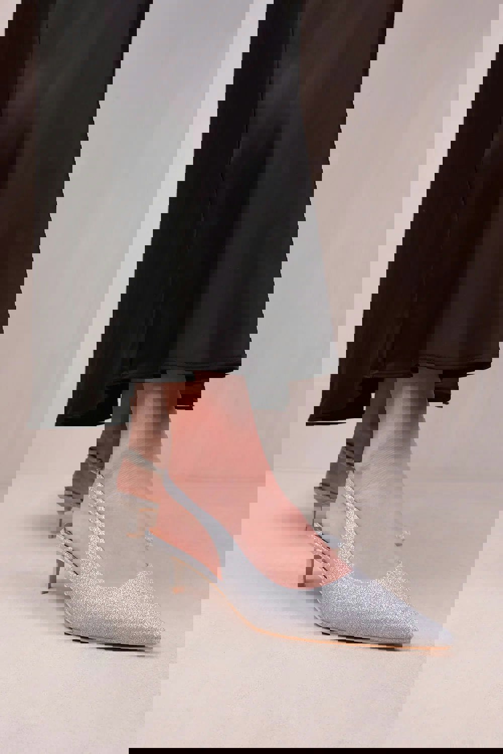 Where's That From New Form Wide Fit Low Kitten Heels With Pointed Toe & Elastic Slingback in Silver Fine Glitter