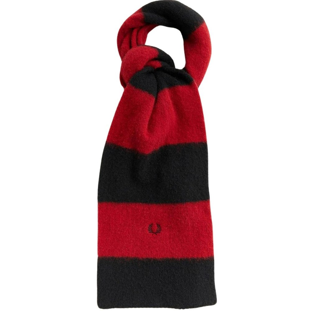 Fred Perry Merino Racing Red And Black Stripped Wool Scarf