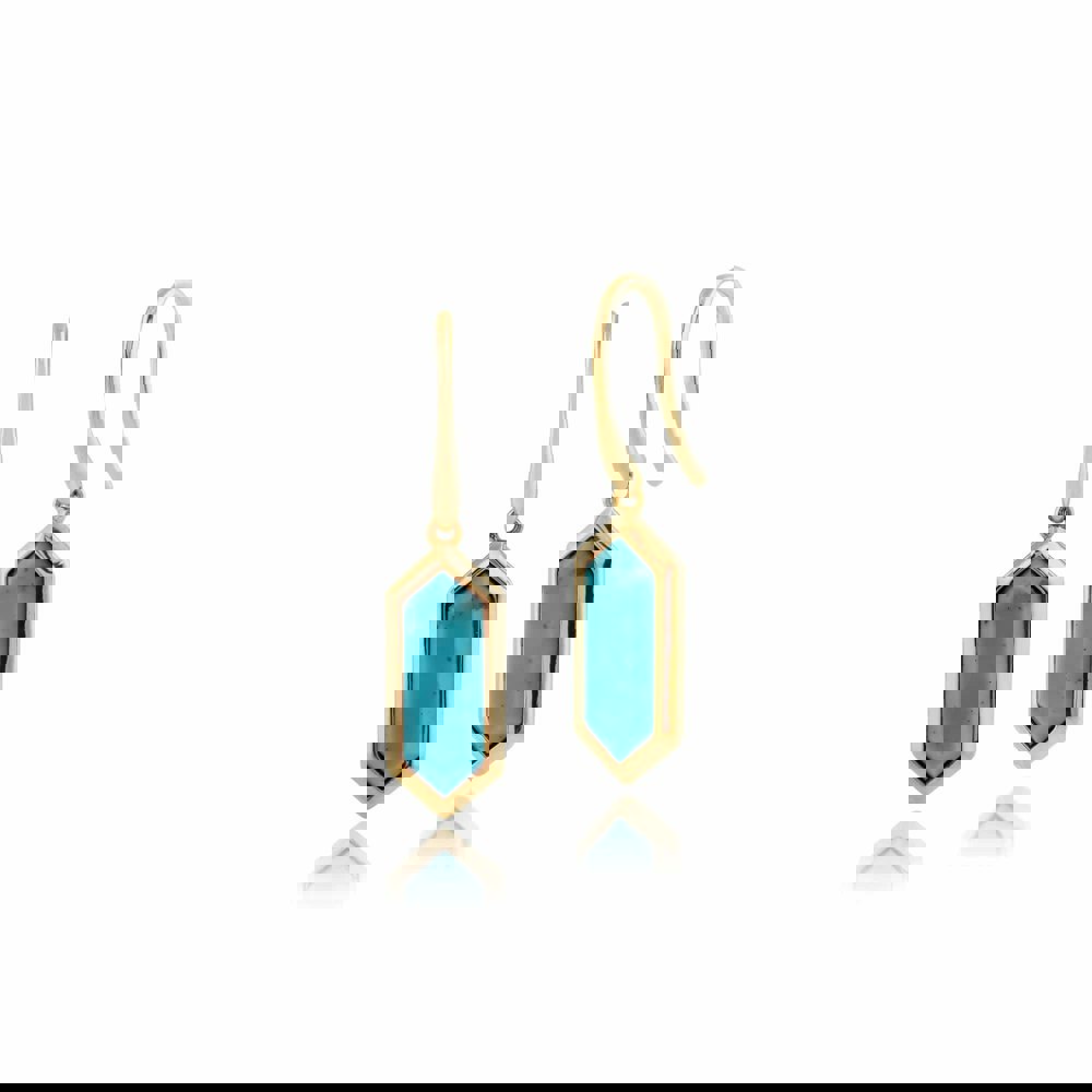 Geometric Hexagon Turquoise Prism Drop Earrings in Gold Plated Silver