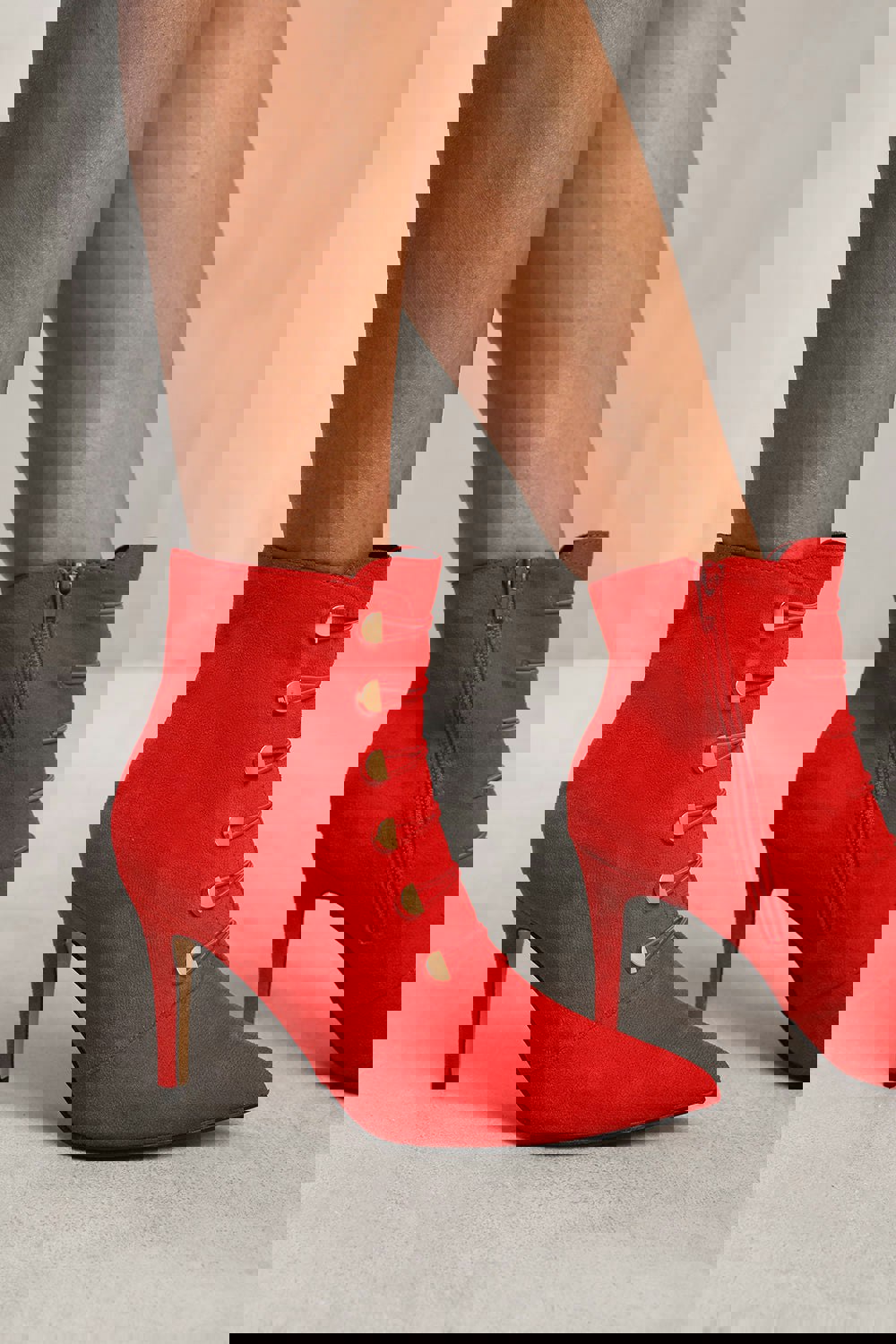 Where's That From Tilda Pointed Toe Mid Heel Ankle Boots With Gold Buttons in Red
