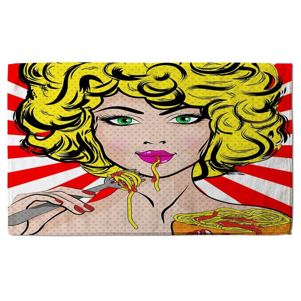 Benjamin Tate Design Pop Art Young woman Eating Spaghetti (Bath Towel)