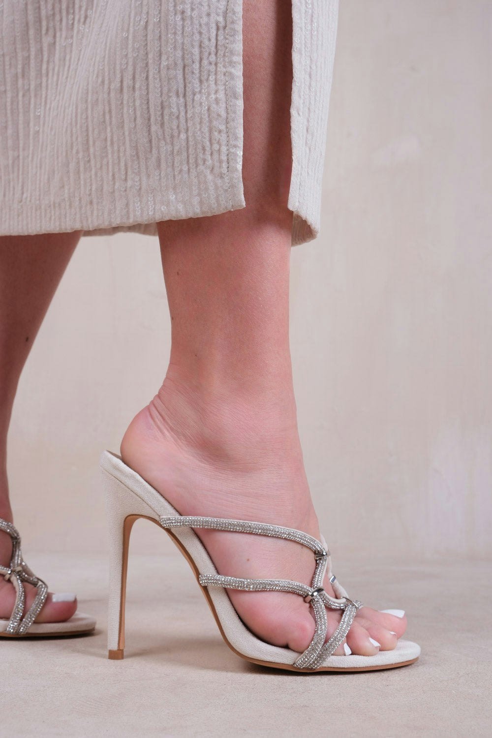 Where's That From Mercury High Heels With Crystal Embellished in Cream Suede