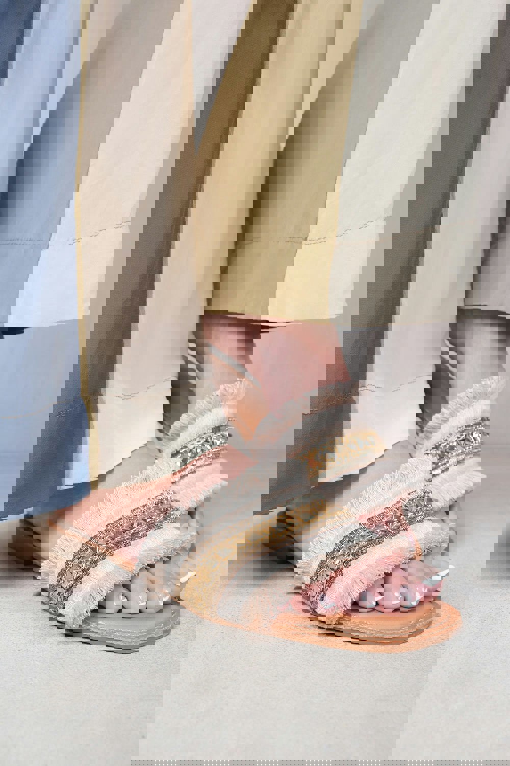 Where's That From Astroid Flat Sandals With Fringe Trim and Stud Details in Beige