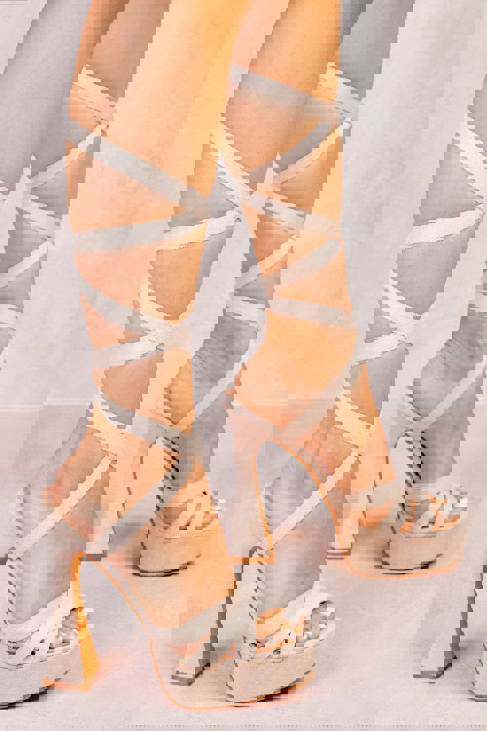 Where's That From Jocelyn Suede Flared Block High Heels With Strappy Lace Up Detail in Nude Suede