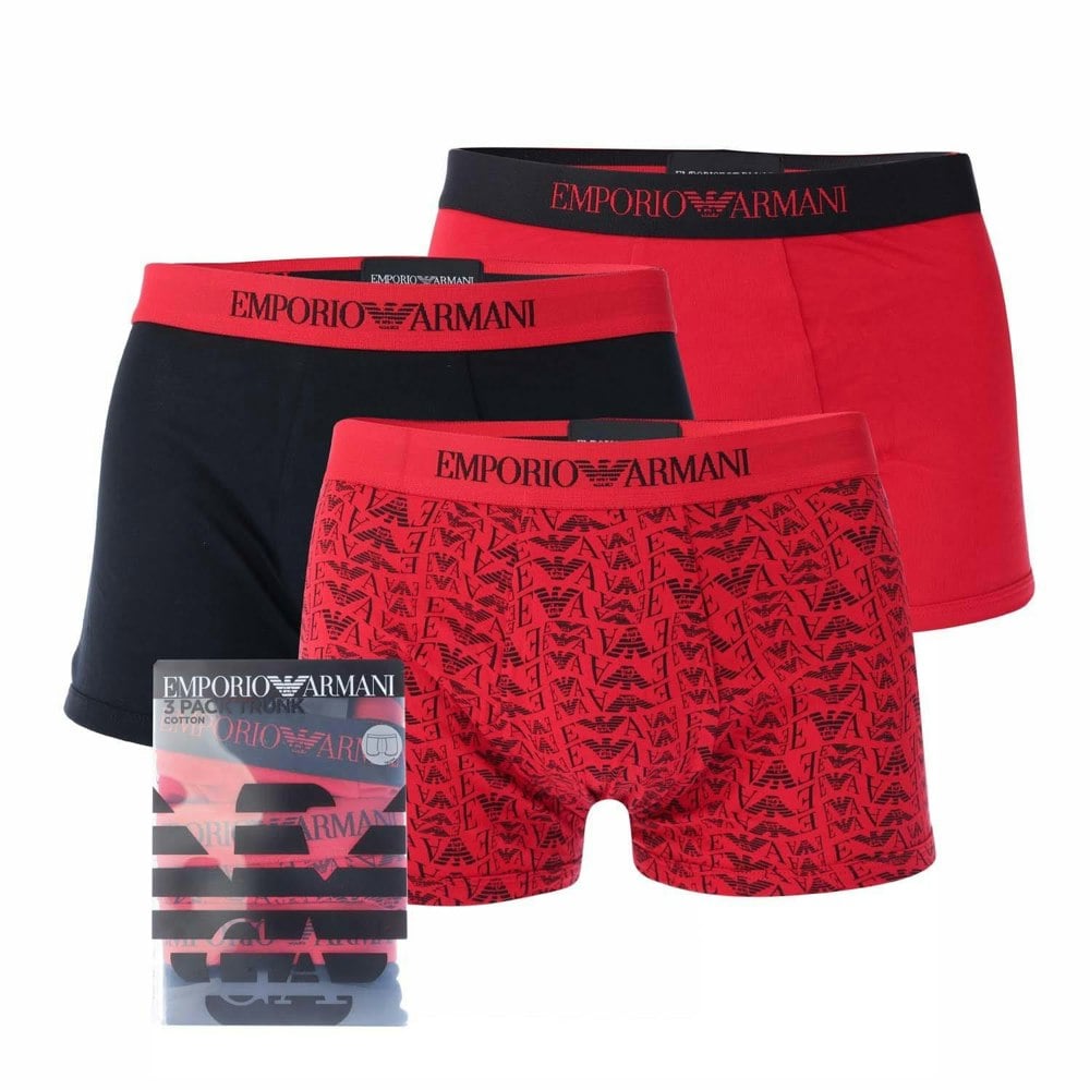 Emporio Armani Mens Organic Cotton Boxer Shorts (Pack of 3) - Red / Black