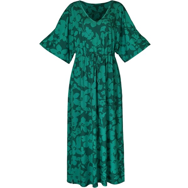 Antonia York Floral Print Kaftan Luna V-Neck Elasticated Waist Soft Jersey Dress - Green