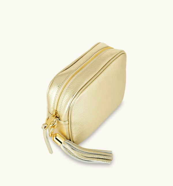 Apatchy London The Tassel Gold Leather Crossbody Bag With Tan Cheetah Strap