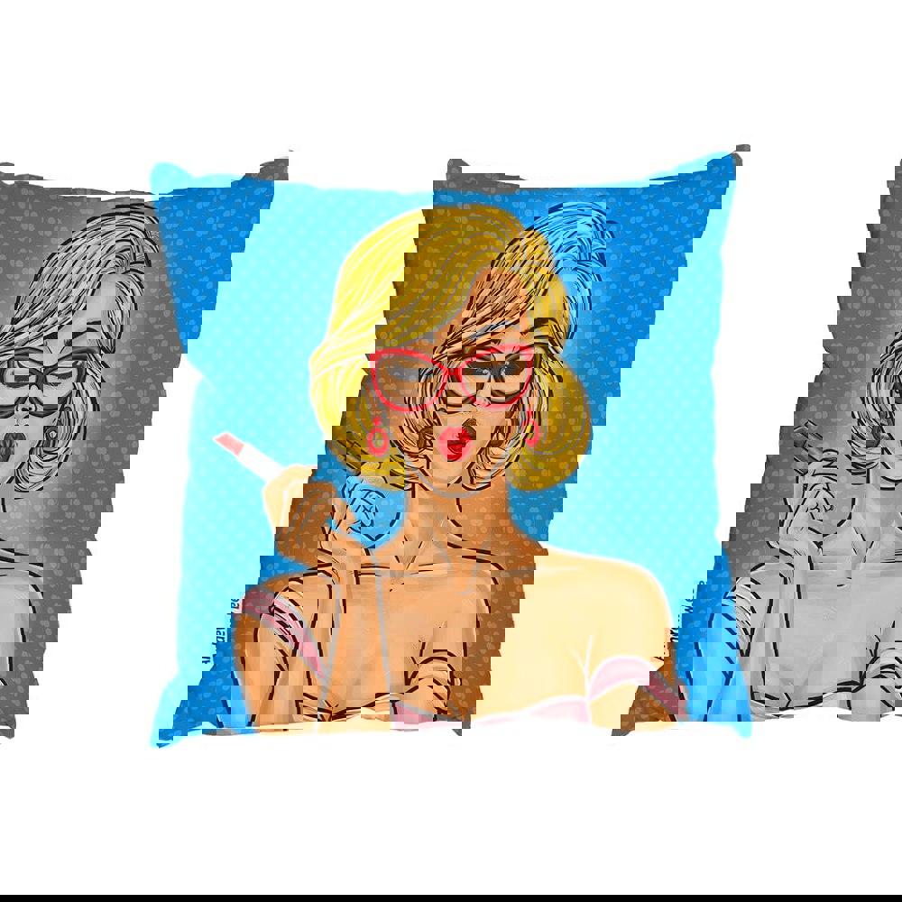 Benjamin Tate Design Pop Art Illustration Woman Paints Her Lips (Outdoor Cushion)