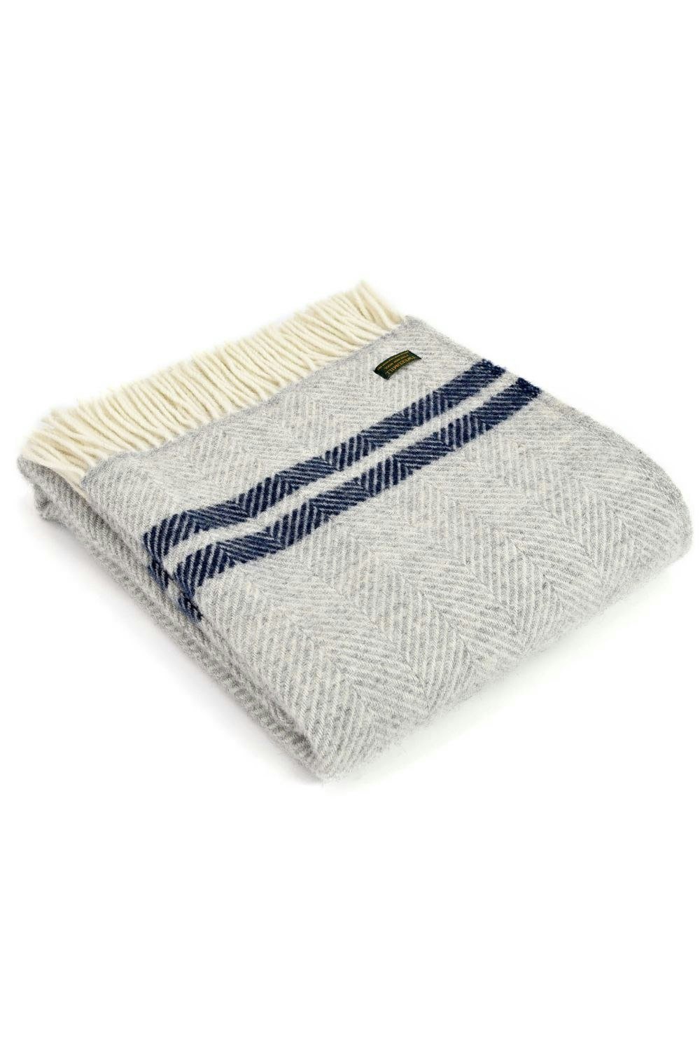 HomeSpace Direct Fishbone Silver & Navy Blue Wool Throw