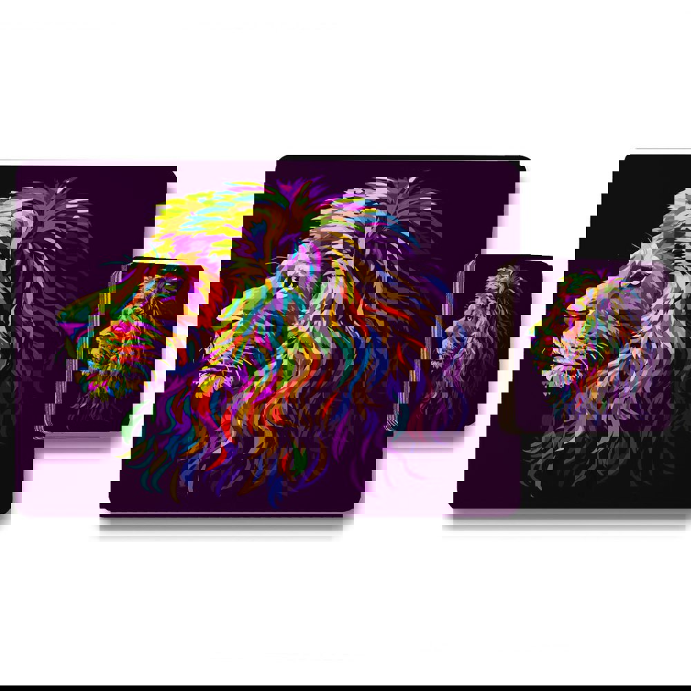 Benjamin Tate Design Abstract, multicolored profile portrait of a lion's head on a purple background in popart style (Placemat & Coaster Set)