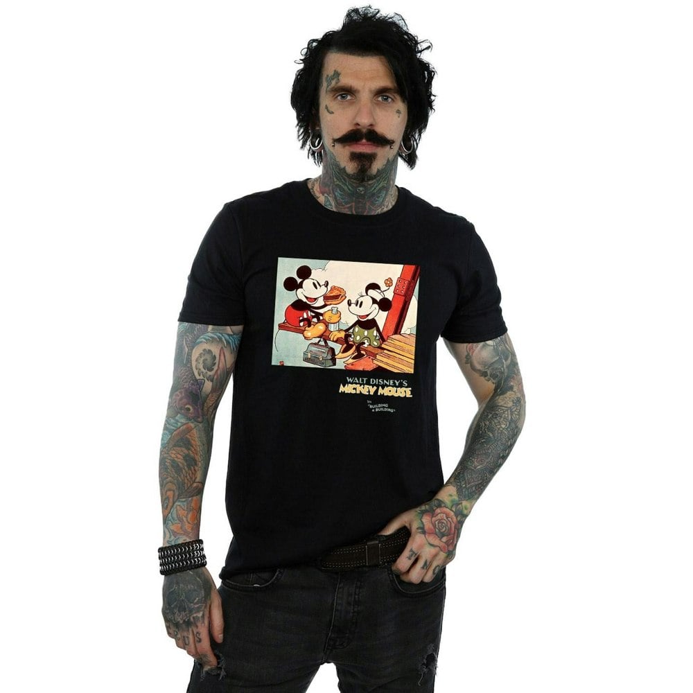 Disney Mens Mickey Mouse Building A Building T-Shirt - Black
