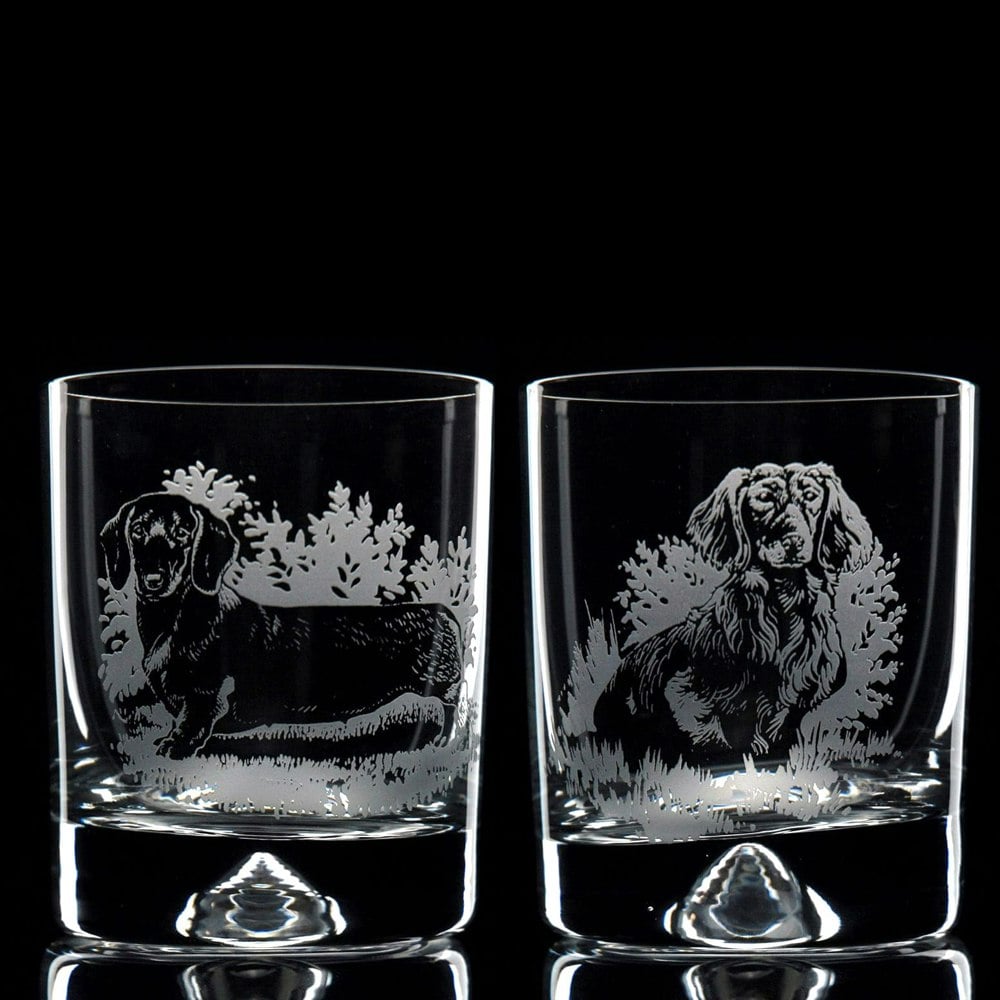 Glyptic Glass Art Dachshund Dog Whiskey Tumbler Glass - Hand Etched/Engraved Gift