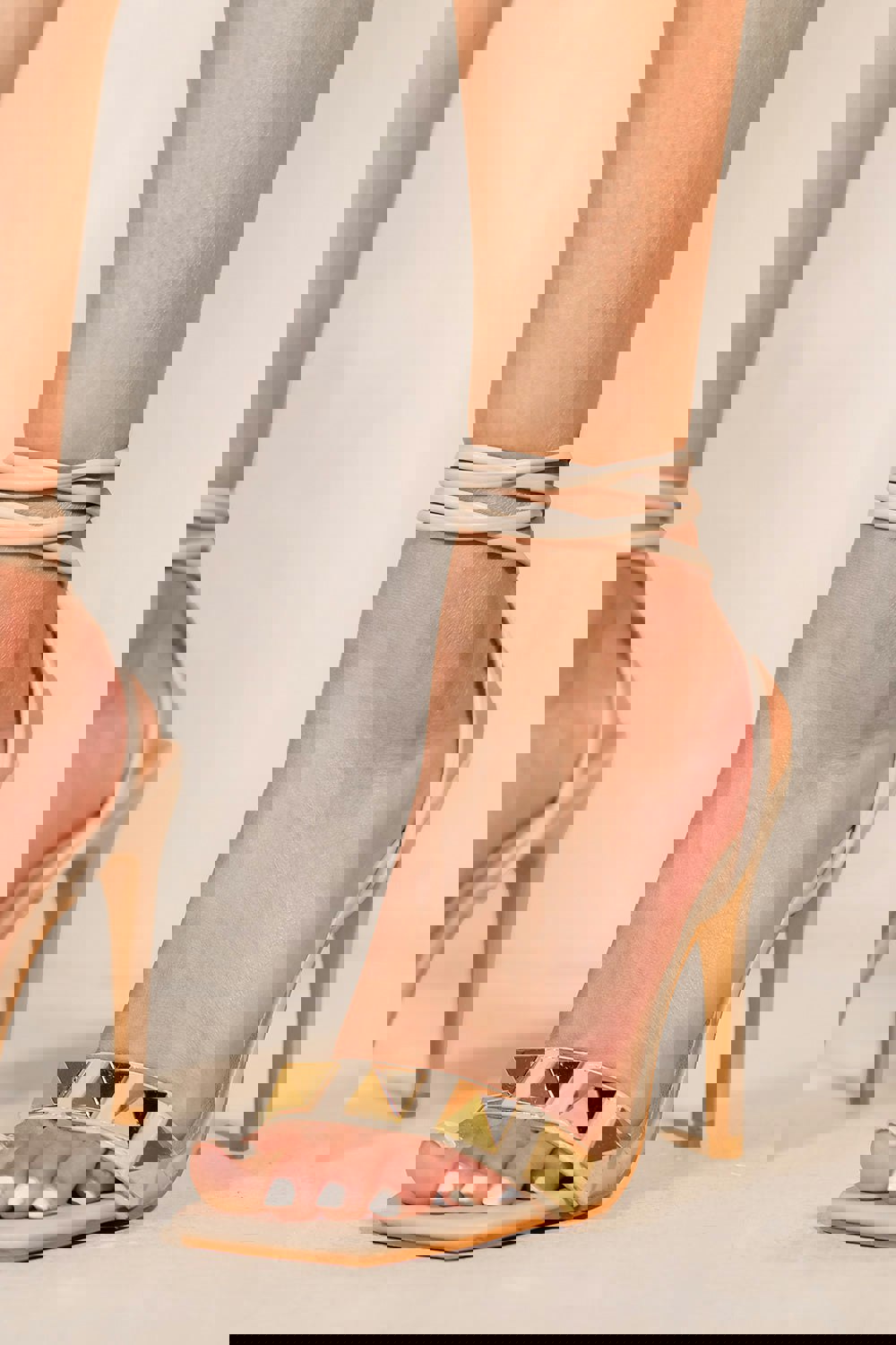 Where's That From Miya Studded High Heels With Square Toe & Lace Up Detail in Nude Faux Leather