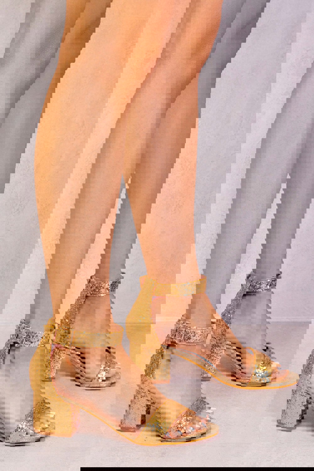Where's That From Emani Strappy Mid High Block Heels Peep Toe in Gold Glitter