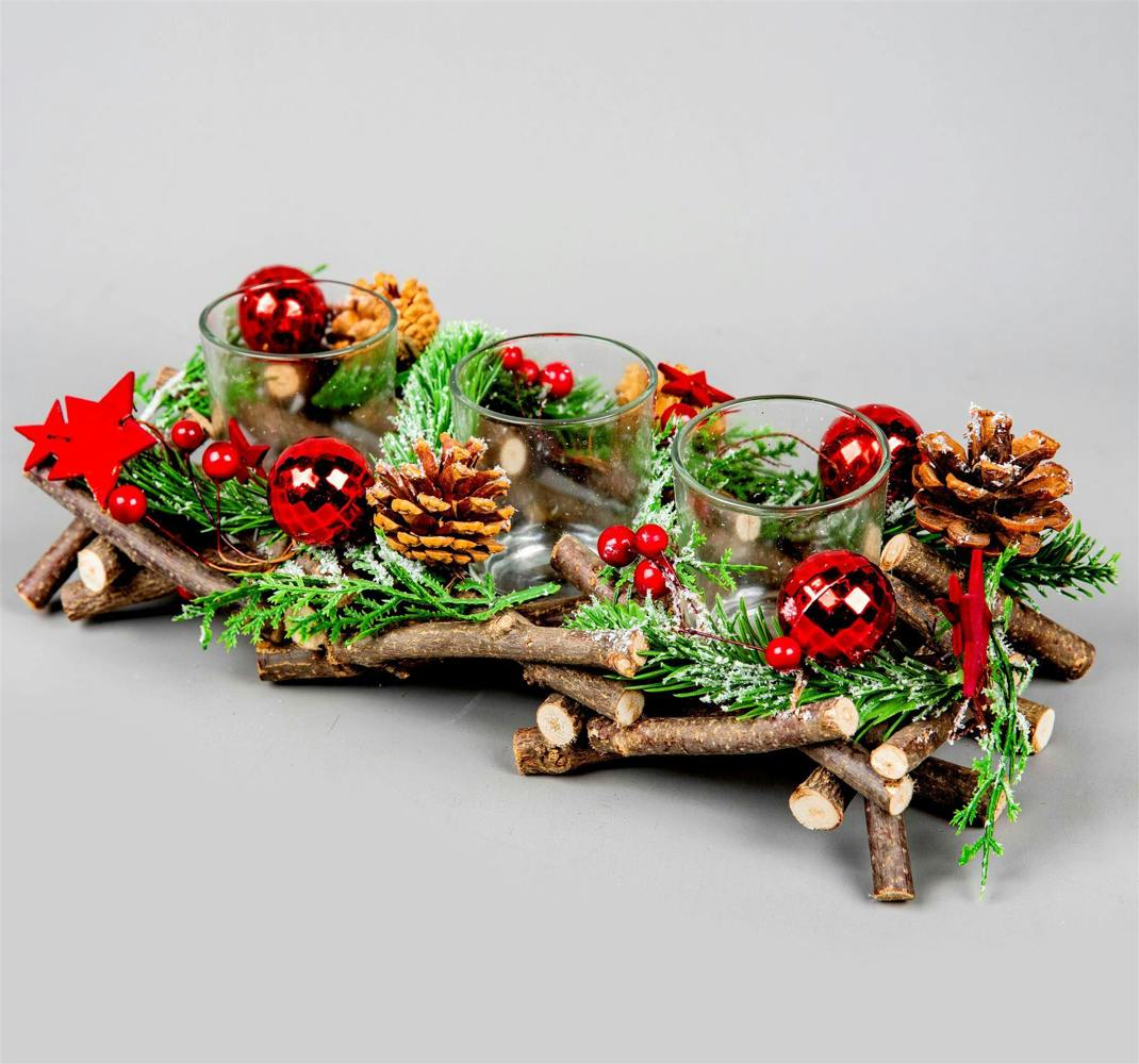 Shatchi 28cm Rustic Twig Triple Tea Light Candle Holder with Red Festive Decorations