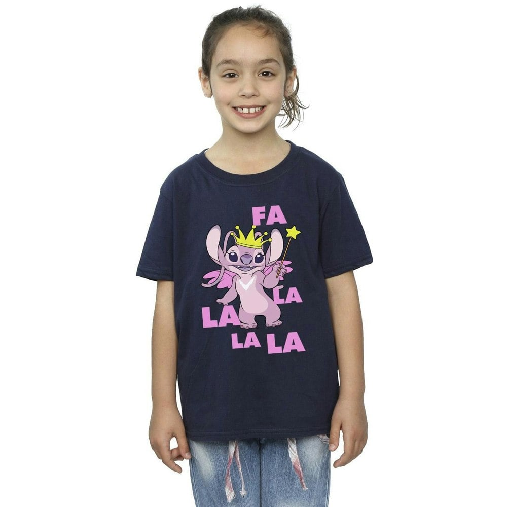 Disney Girls Lilo & Stitch Angel Fa La La Cotton T-Shirt - Navy Blue