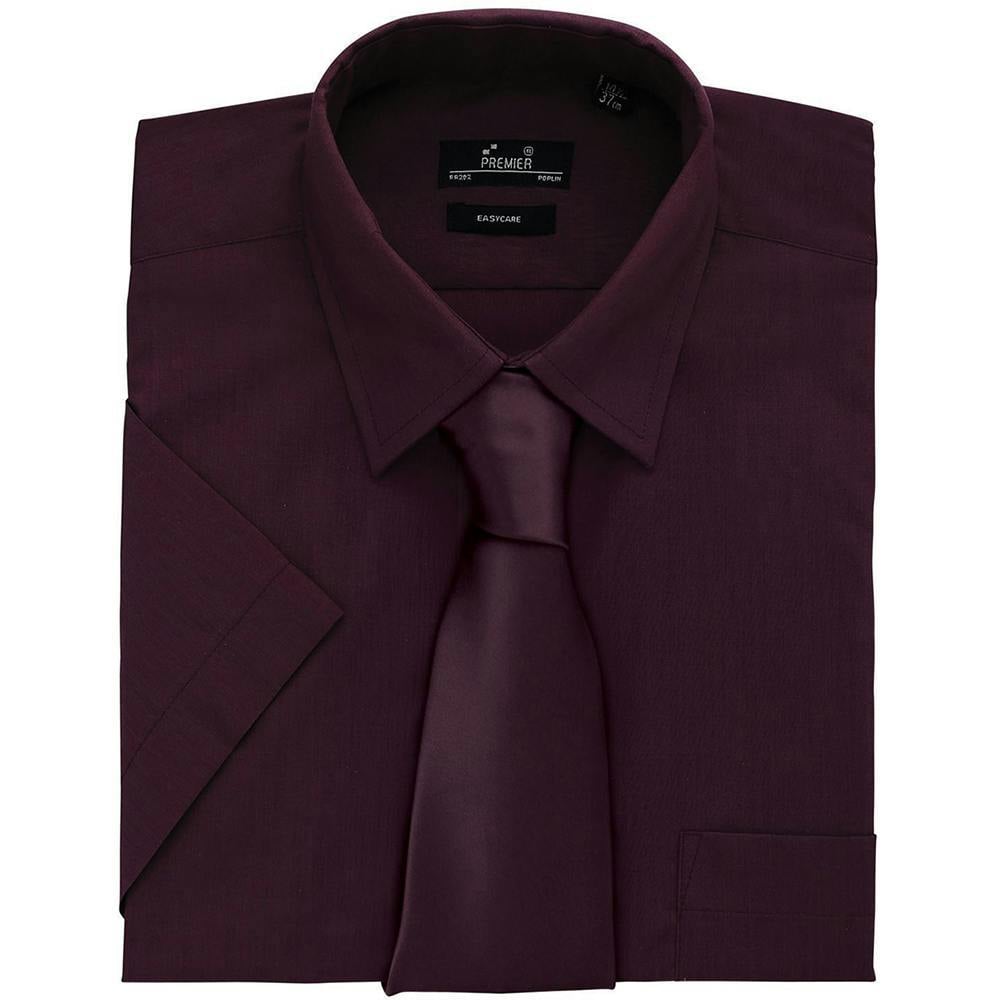 Premier Mens Short Sleeve Formal Poplin Plain Work Shirt - Aubergine