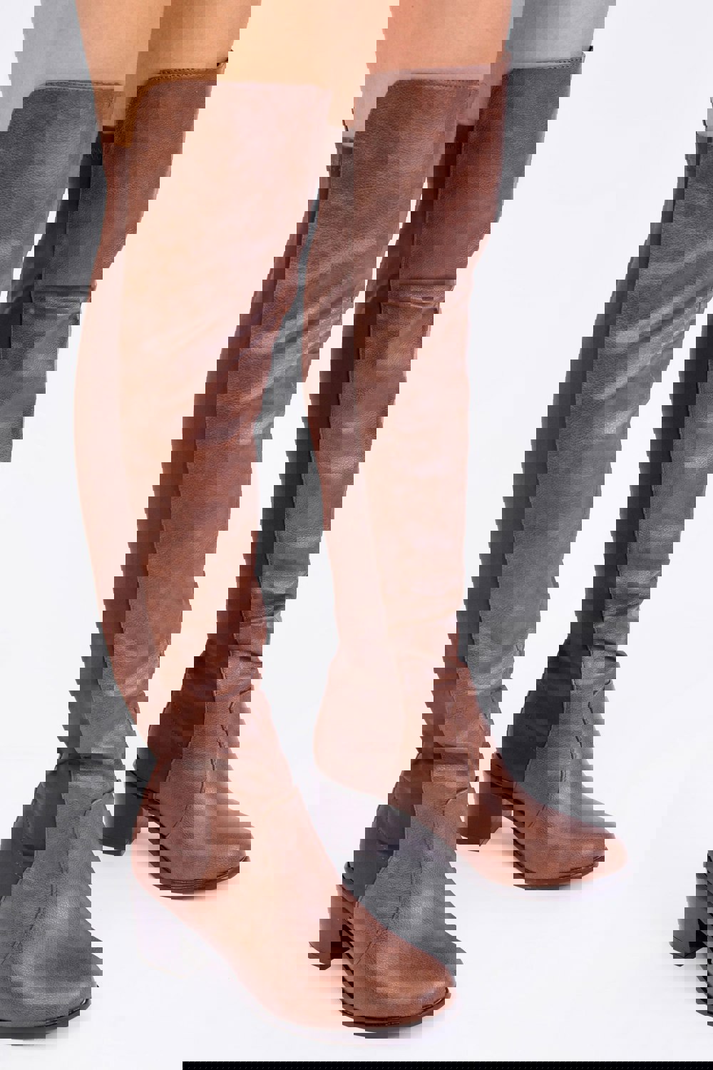 Where's That From Britta Thigh High Mid Heeled Boots in Brown Faux Leather