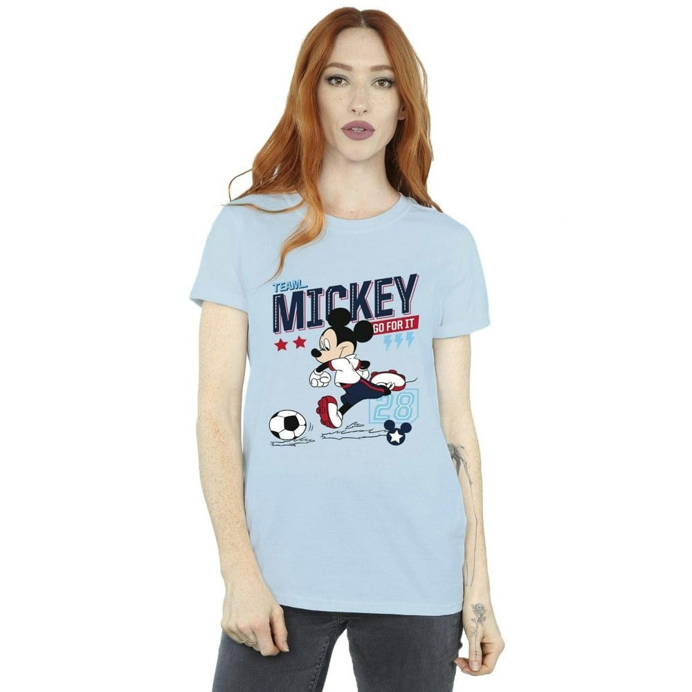 Disney Womens/Ladies Mickey Mouse Team Mickey Football Cotton Boyfriend T-Shirt - Baby Blue