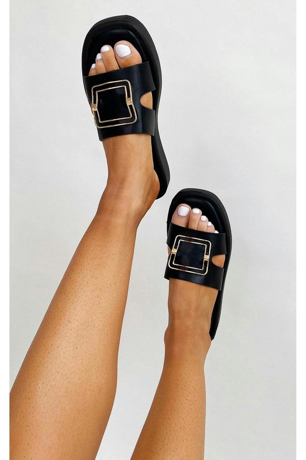Aisha Faux Leather Slip On Sandals - Black