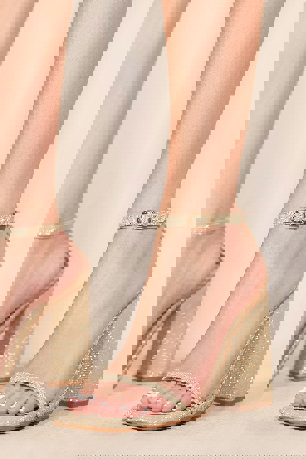 Where's That From Fallon Square Toe High Block Heel Sandals With Ankle Strap in Champagne Gold Fine Glitter