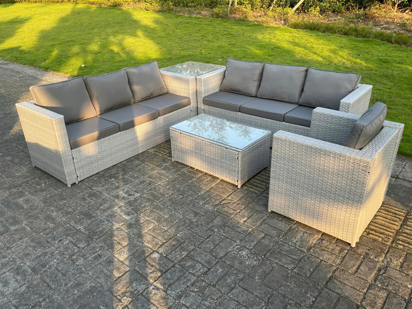 Fimous Light Grey Outdoor Rattan Garden Furniture Set Corner Sofa Set Oblong Square Coffee Table Armchair