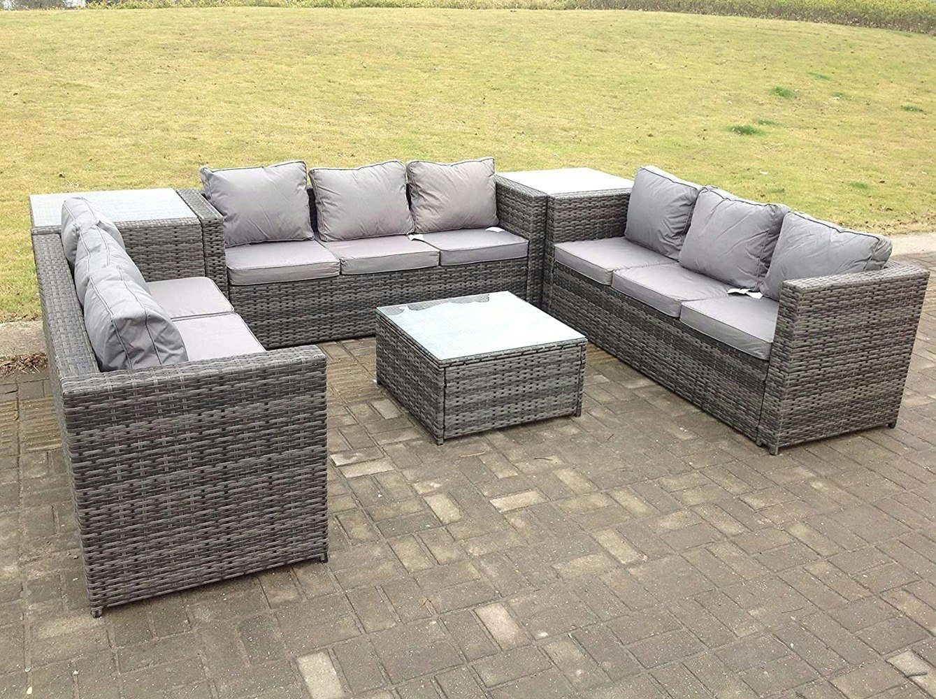 Fimous Patio 9 Seater U Shape Rattan Sofa Set Patio Outdoor Garden Furniture With 3 Coffee Table Dark Grey Mixed