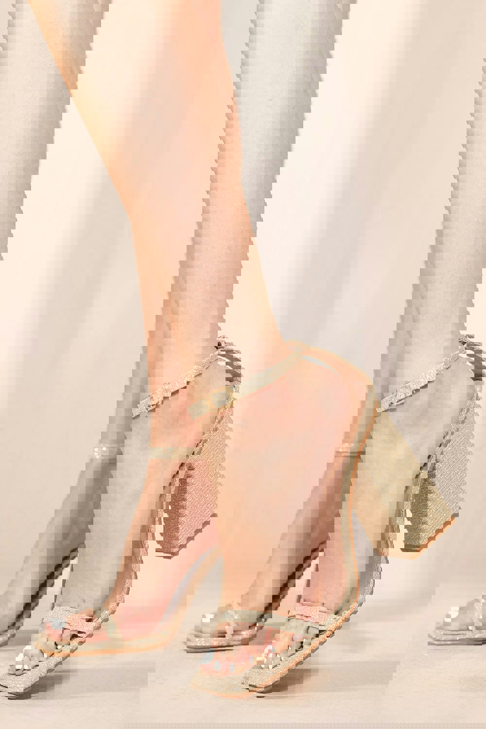 Where's That From Fallon Square Toe High Block Heel Sandals With Ankle Strap in Champagne Gold Fine Glitter