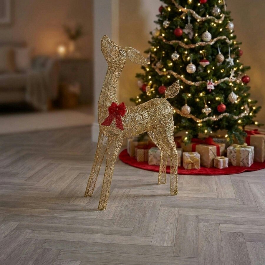 Garden Greatness Twinkling Lit White Fabric Proud Doe with Red Bow